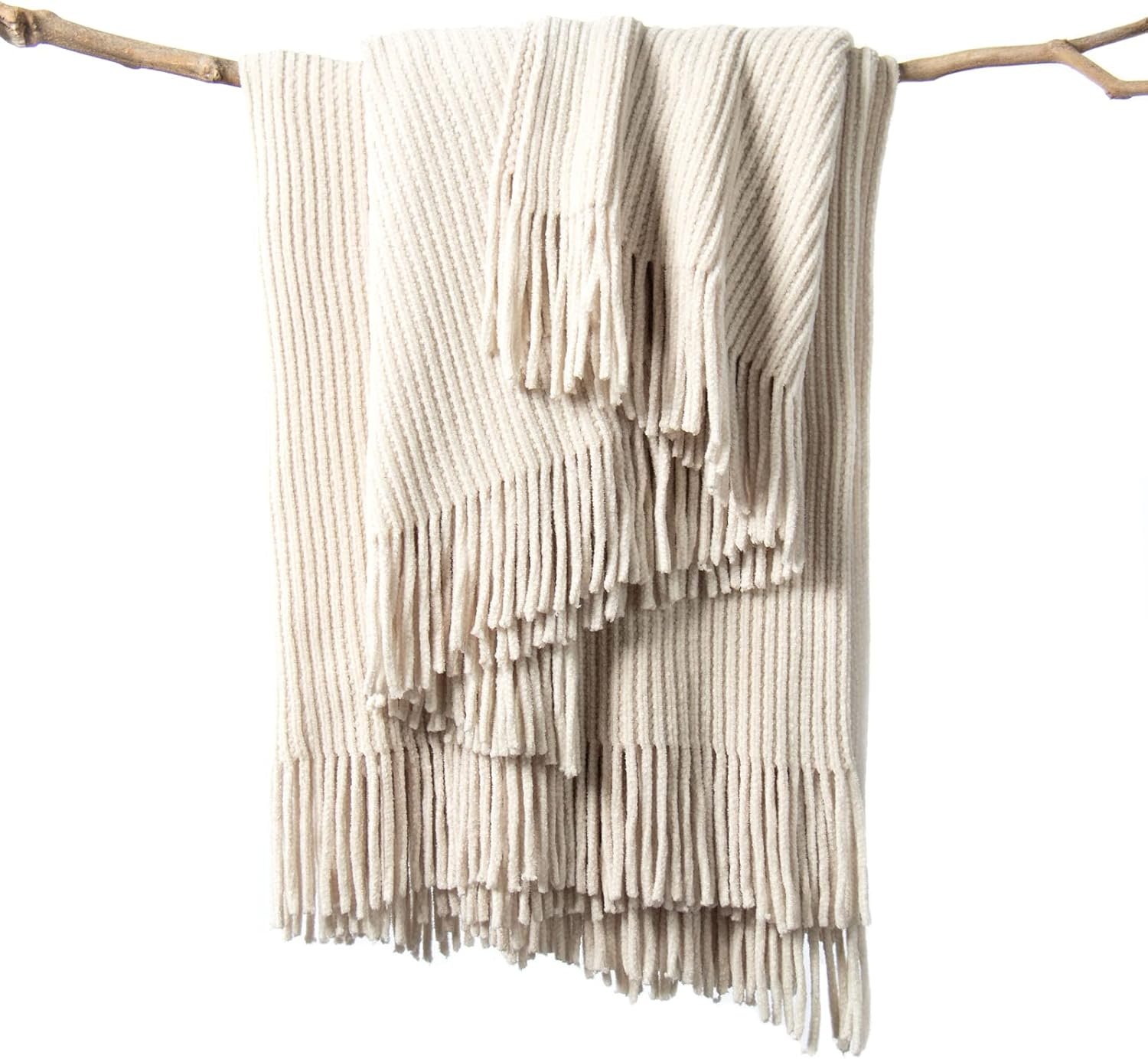 Soft White Chenille Boho Throw Blanket