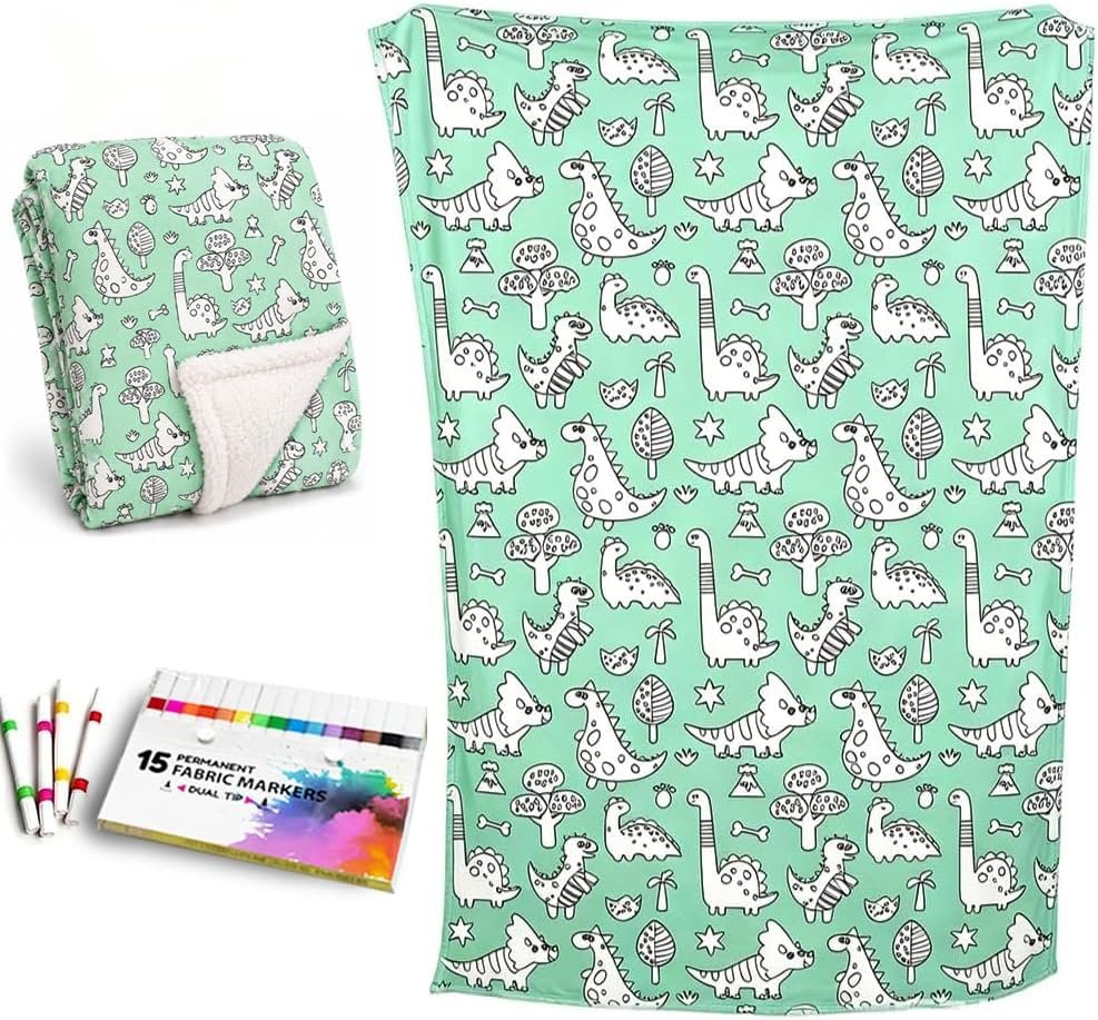 Green Dinosaur Coloring Blanket Set with Markers